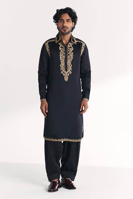 Studio Bagechaa Wajad Black Embroidered Pathani Kurta Set 
