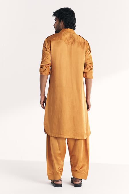 Studio Bagechaa Nazir Mustard Embroidered Pathani Kurta Set 