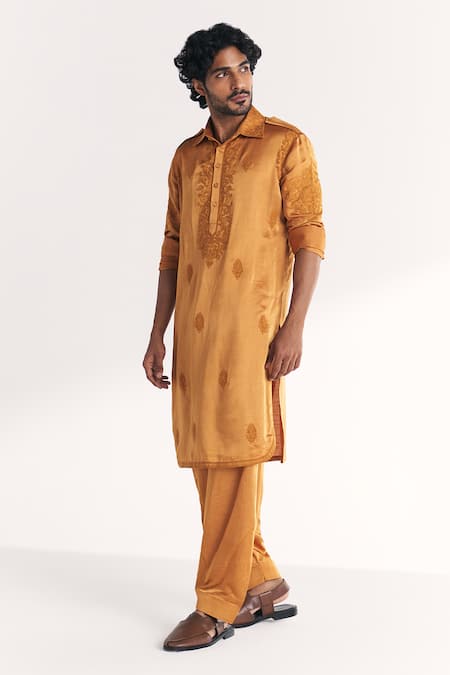 Studio Bagechaa_Yellow Linen, Satin Embroidery Nazir Mustard Pathani Kurta Set _Online_at_Aza_Fashions