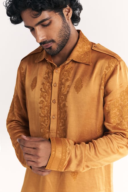 Buy_Studio Bagechaa_Yellow Linen, Satin Embroidery Nazir Mustard Pathani Kurta Set _Online_at_Aza_Fashions