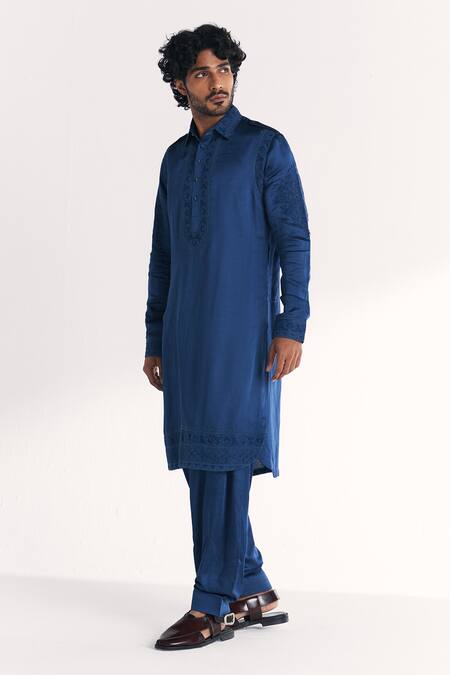 Buy Studio Bagechaa Blue Linen, Satin Embroidery Jalal Pathani Kurta Set Online at Aza Fashions Buy_Studio Bagechaa_Blue Linen, Satin Embroidery Jalal Pathani Kurta Set _Online_at_Aza_Fashions