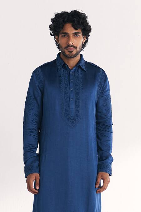 Shop Studio Bagechaa Blue Linen, Satin Embroidery Jalal Pathani Kurta Set Online at Aza Fashions Shop_Studio Bagechaa_Blue Linen, Satin Embroidery Jalal Pathani Kurta Set _Online_at_Aza_Fashions