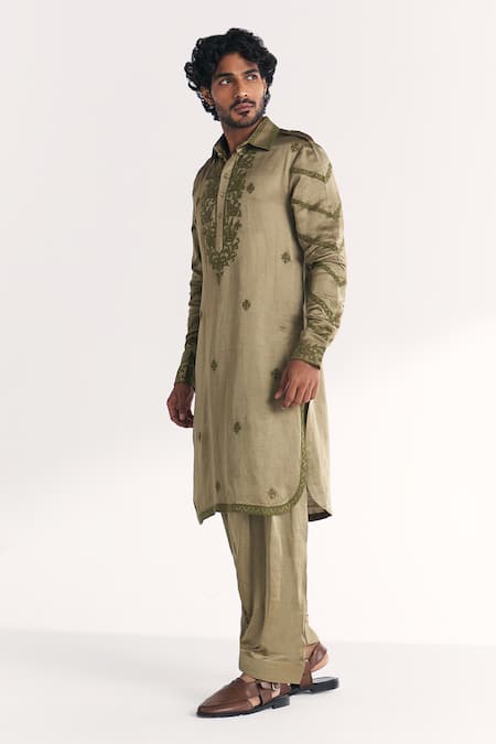 Studio Bagechaa Green Linen, Satin Embroidery Faris Pathani Kurta Set Online at Aza Fashions Studio Bagechaa_Green Linen, Satin Embroidery Faris Pathani Kurta Set _Online_at_Aza_Fashions