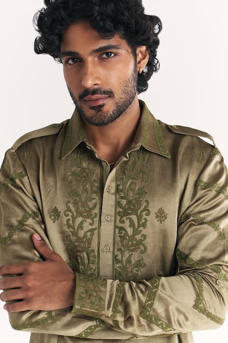 Buy Studio Bagechaa Green Linen, Satin Embroidery Faris Pathani Kurta Set Online at Aza Fashions Buy_Studio Bagechaa_Green Linen, Satin Embroidery Faris Pathani Kurta Set _Online_at_Aza_Fashions