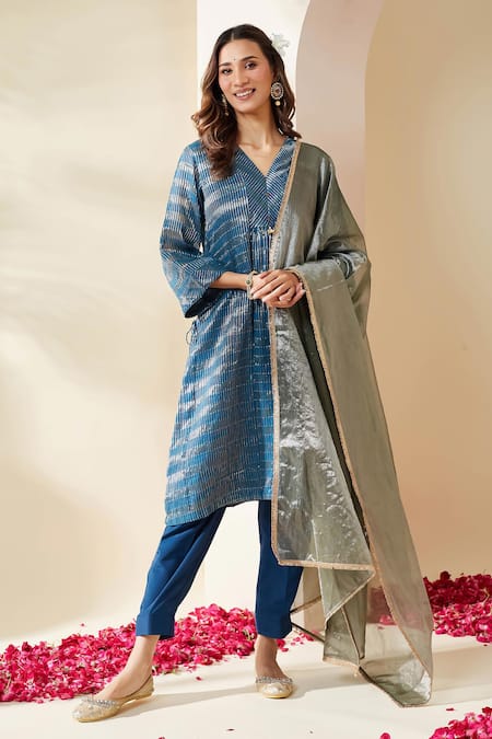 Mushio Blue Zari Stripe Embellished Pranita Kurta Set 