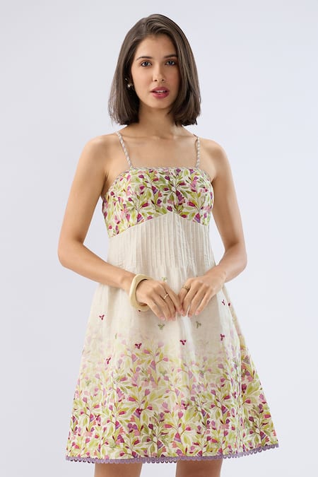 Raw & Rustic By Niti Bothra Ivory Pintuck Floral Print Dress 