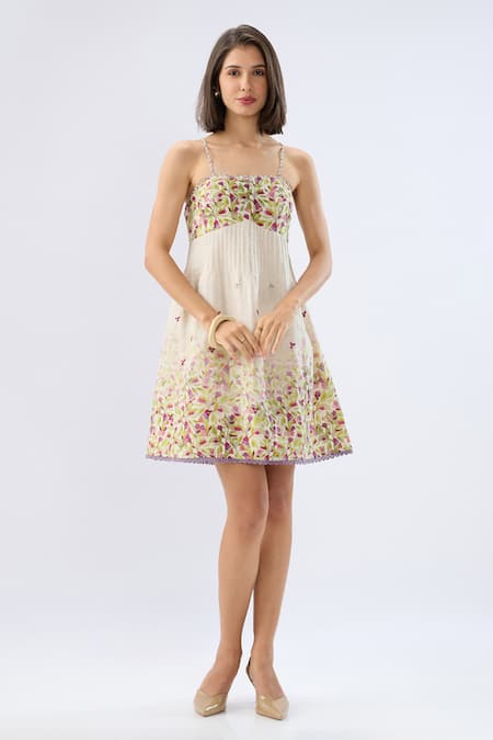 Raw & Rustic By Niti Bothra_Ivory Linen, Cotton Embroidery Square Neck Pintuck Floral Print Dress _at_Aza_Fashions