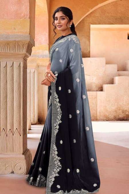Samyukta Singhania_Black Chiffon Embroidery Round Neck Flora Ombre Saree With Blouse _Online_at_Aza_Fashions