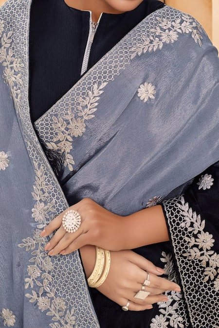 Shop_Samyukta Singhania_Black Chiffon Embroidery Round Neck Flora Ombre Saree With Blouse _Online_at_Aza_Fashions