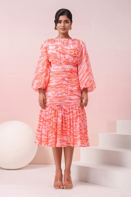 Buy_Naintara Bajaj_Orange Georgette Round Neck Abstract Printed Dress _Online_at_Aza_Fashions