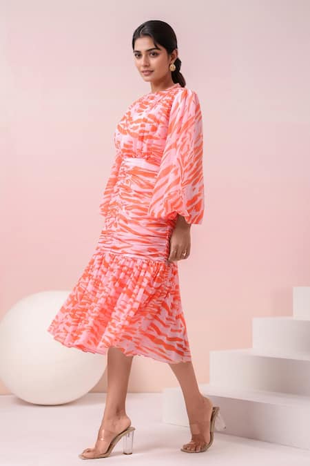 Shop_Naintara Bajaj_Orange Georgette Round Neck Abstract Printed Dress _Online_at_Aza_Fashions