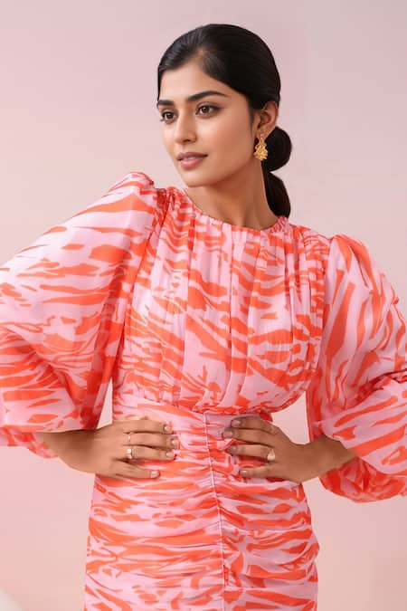 Naintara Bajaj_Orange Georgette Round Neck Abstract Printed Dress _at_Aza_Fashions