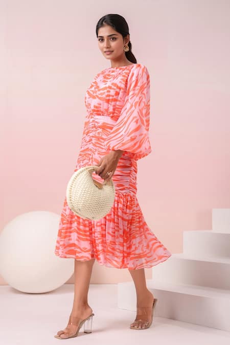 Buy_Naintara Bajaj_Orange Georgette Round Neck Abstract Printed Dress 