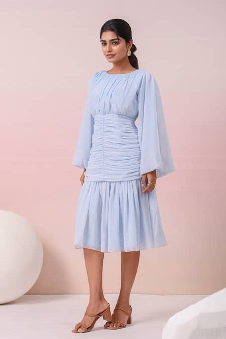 Buy Naintara Bajaj Blue Georgette Boat Neck, Powder Pleated Dress Online at Aza Fashions Buy_Naintara Bajaj_Blue Georgette Boat Neck, Powder Pleated Dress _Online_at_Aza_Fashions