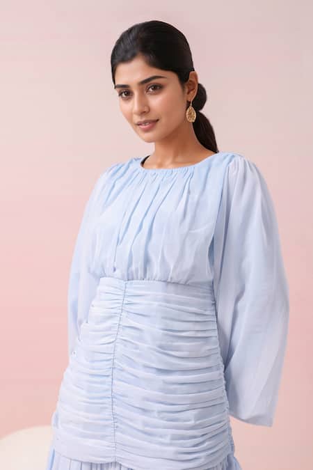 Shop Naintara Bajaj Blue Georgette Boat Neck, Powder Pleated Dress Online at Aza Fashions Shop_Naintara Bajaj_Blue Georgette Boat Neck, Powder Pleated Dress _Online_at_Aza_Fashions