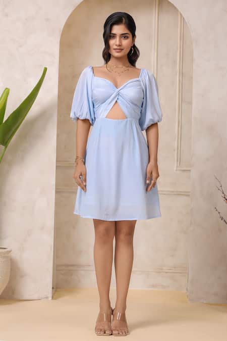 Buy_Naintara Bajaj_Blue Crepe Sweetheart Neck Powder Smocked Dress _Online_at_Aza_Fashions