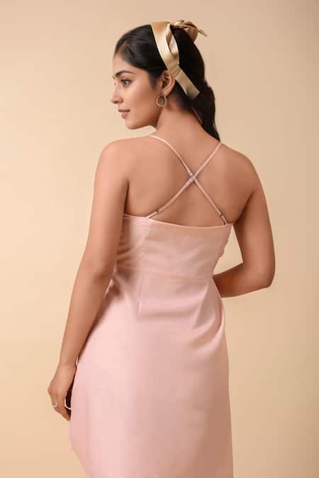 Naintara Bajaj_Peach Crepe Cowl Neck Halter Dress _at_Aza_Fashions