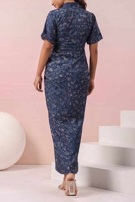 Naintara Bajaj Blue Abstract Print Shirt Maxi Dress 
