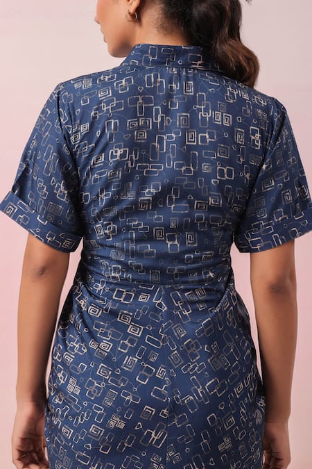 Naintara Bajaj_Blue Crepe Collared Abstract Print Shirt Maxi Dress _Online_at_Aza_Fashions