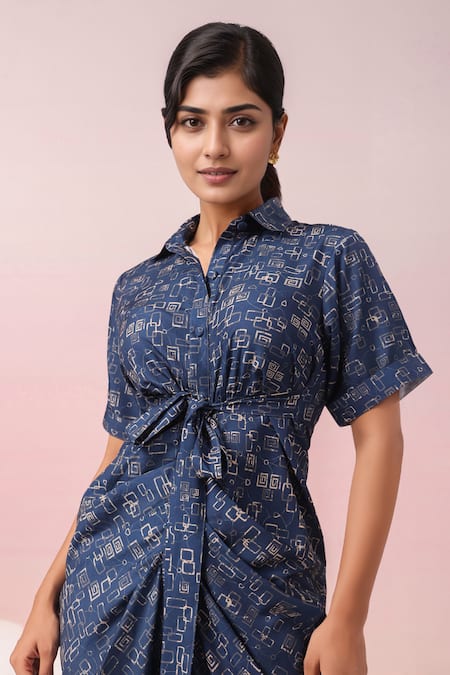 Buy_Naintara Bajaj_Blue Crepe Collared Abstract Print Shirt Maxi Dress _Online_at_Aza_Fashions