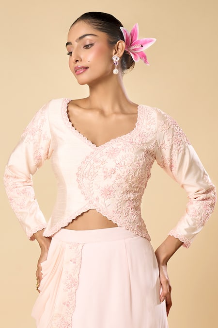 Samyukta Singhania Pink Georgette Embroidery V-neck Hand Pre-draped Saree With Blouse Online at Aza Fashions Samyukta Singhania_Pink Georgette Embroidery V-neck Hand Pre-draped Saree With Blouse _Online_at_Aza_Fashions