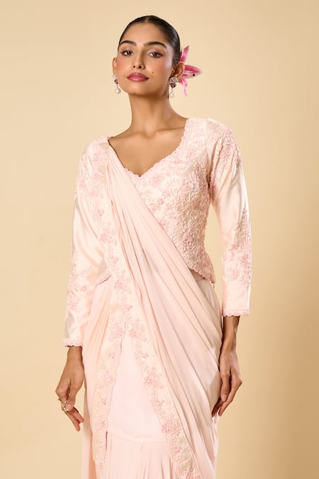 Samyukta Singhania Pink Georgette Embroidery V-neck Hand Pre-draped Saree With Blouse at Aza Fashions Samyukta Singhania_Pink Georgette Embroidery V-neck Hand Pre-draped Saree With Blouse _at_Aza_Fashions