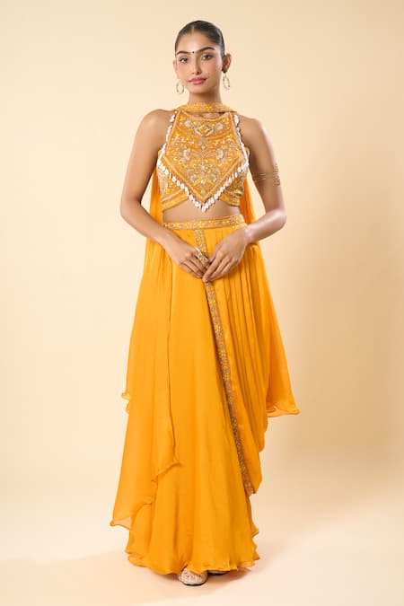 Samyukta Singhania Hand Embroidered Halter Blouse With Lehenga Saree 