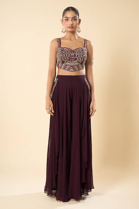 Samyukta Singhania_Purple Silk, Satin, Georgette Embroidery, Metallic Hand Blouse Sharara Set _Online_at_Aza_Fashions