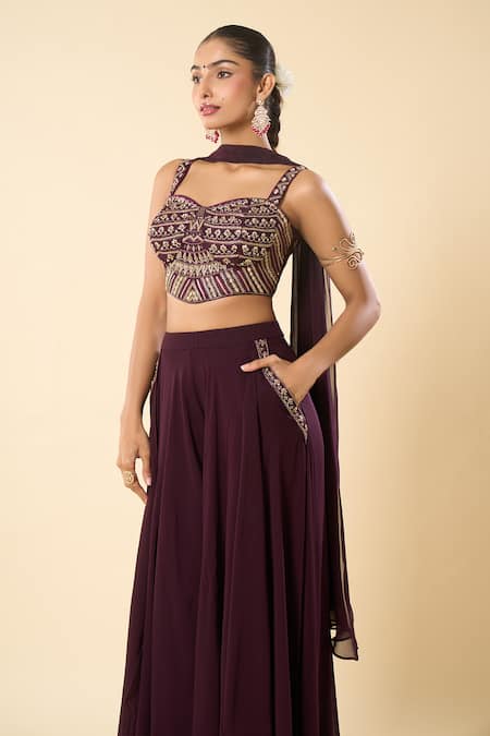Buy_Samyukta Singhania_Purple Silk, Satin, Georgette Embroidery, Metallic Hand Blouse Sharara Set _Online_at_Aza_Fashions