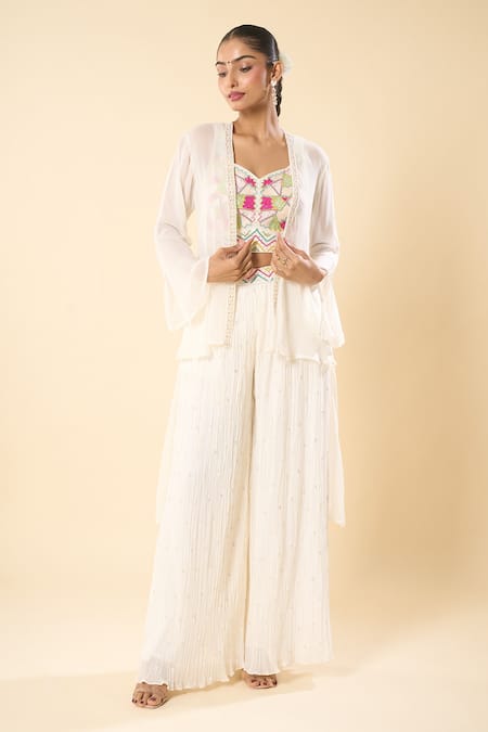 Samyukta Singhania_White Georgette Embroidery Sweetheart , Open Hand Jacket Palazzo Set _Online_at_Aza_Fashions