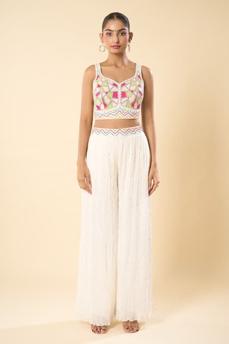 Buy_Samyukta Singhania_White Georgette Embroidery Sweetheart , Open Hand Jacket Palazzo Set _Online_at_Aza_Fashions