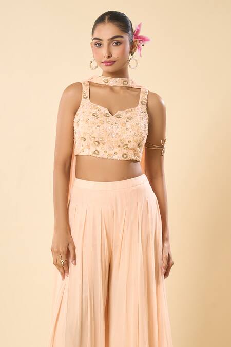 Shop_Samyukta Singhania_Peach Silk, Georgette, Taffeta Embroidery, Sequins Hand Blouse Palazzo Set _Online_at_Aza_Fashions