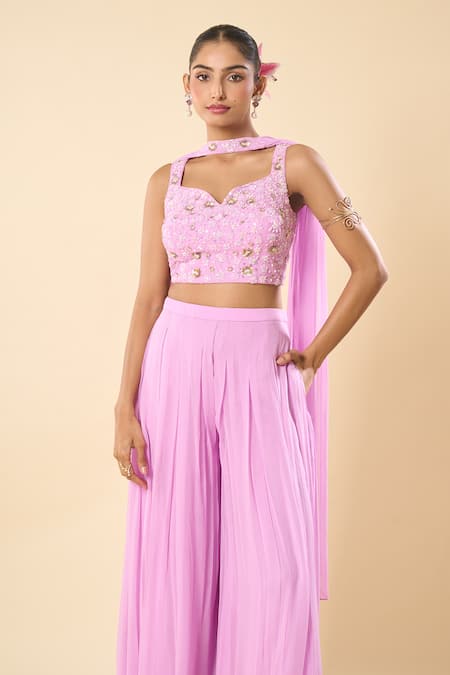 Samyukta Singhania_Pink Georgette Embroidery, Beads Sweetheart Neck Hand Blouse Palazzo Set _Online_at_Aza_Fashions