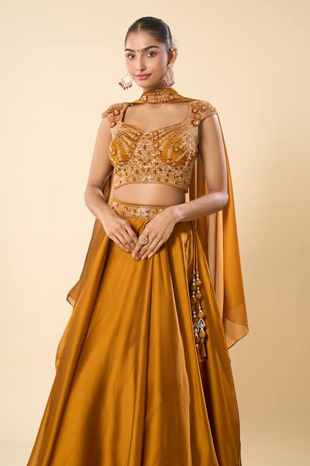 Buy_Samyukta Singhania_Gold Silk, Georgette, Taffeta Embroidery, Beads, Hand Blouse Lehenga Set _Online_at_Aza_Fashions
