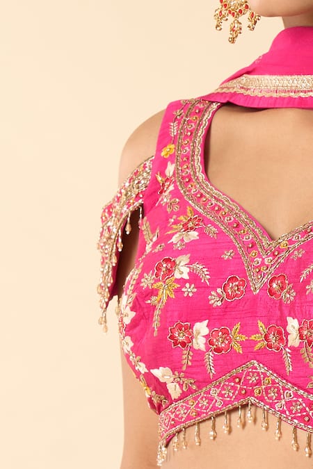 Samyukta Singhania_Pink Silk, Georgette Embroidery, Beads, Zari Sweetheart Neck Hand Lehenga Set _Online_at_Aza_Fashions