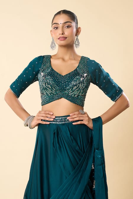Samyukta Singhania_Blue Georgette Embroidery, Beads V-neck Hand Lehenga Saree With Blouse _Online_at_Aza_Fashions
