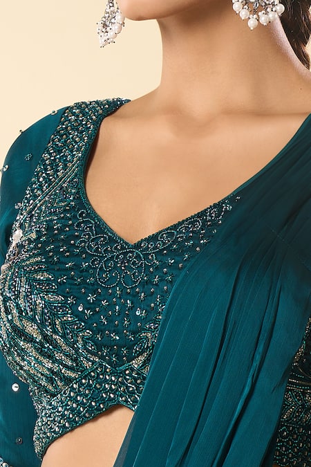 Buy_Samyukta Singhania_Blue Georgette Embroidery, Beads V-neck Hand Lehenga Saree With Blouse _Online_at_Aza_Fashions