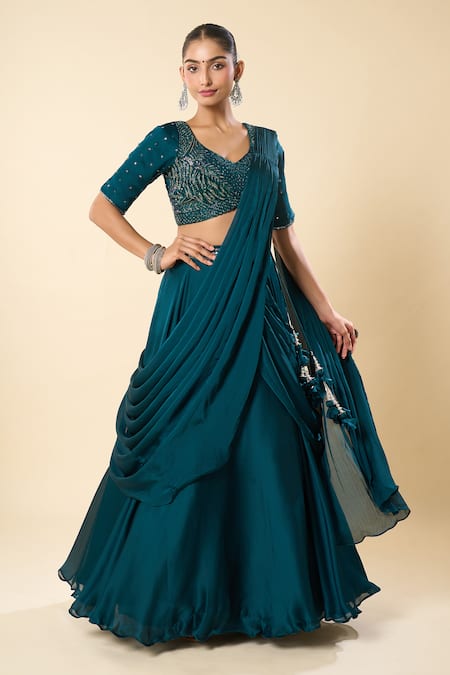 Shop_Samyukta Singhania_Blue Georgette Embroidery, Beads V-neck Hand Lehenga Saree With Blouse _Online_at_Aza_Fashions