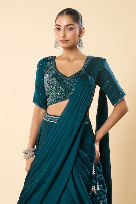 Samyukta Singhania_Blue Georgette Embroidery, Beads V-neck Hand Lehenga Saree With Blouse _at_Aza_Fashions