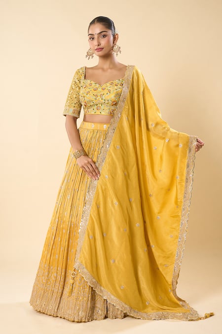 Samyukta Singhania Yellow Silk, Georgette, Taffeta Embroidery, Sequins Sweetheart Hand Lehenga Set Online at Aza Fashions Samyukta Singhania_Yellow Silk, Georgette, Taffeta Embroidery, Sequins Sweetheart Hand Lehenga Set _Online_at_Aza_Fashions