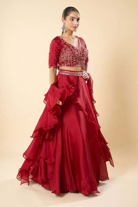Buy_Samyukta Singhania_Maroon Georgette Embroidery, Sequins V-neck Hand Blouse Lehenga Set _Online_at_Aza_Fashions