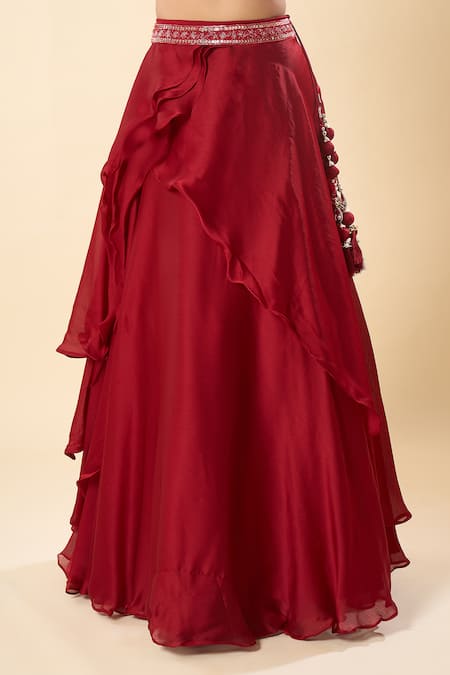 Shop_Samyukta Singhania_Maroon Georgette Embroidery, Sequins V-neck Hand Blouse Lehenga Set _Online_at_Aza_Fashions