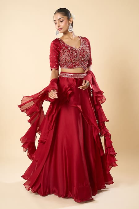 Samyukta Singhania_Maroon Georgette Embroidery, Sequins V-neck Hand Blouse Lehenga Set _at_Aza_Fashions