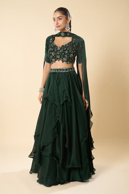 Samyukta Singhania_Black Georgette Embroidery, Sequins, Stones Hand Blouse Ruffled Lehenga Set _Online_at_Aza_Fashions