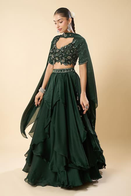 Buy_Samyukta Singhania_Black Georgette Embroidery, Sequins, Stones Hand Blouse Ruffled Lehenga Set _Online_at_Aza_Fashions