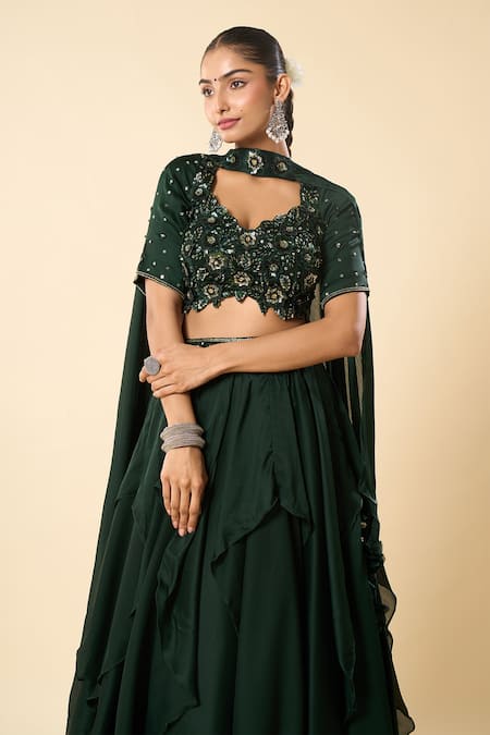 Samyukta Singhania_Black Georgette Embroidery, Sequins, Stones Hand Blouse Ruffled Lehenga Set _at_Aza_Fashions