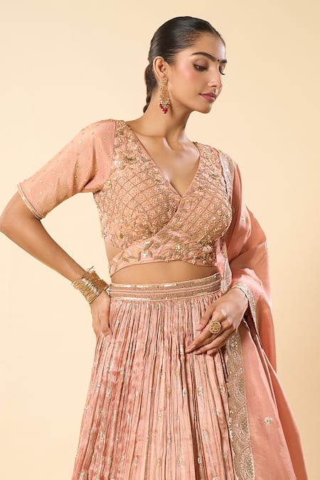 Samyukta Singhania_Beige Silk, Georgette Embroidery, Sequins, Zari V-neck Hand Lehenga Set _Online_at_Aza_Fashions