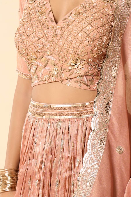 Buy_Samyukta Singhania_Beige Silk, Georgette Embroidery, Sequins, Zari V-neck Hand Lehenga Set _Online_at_Aza_Fashions
