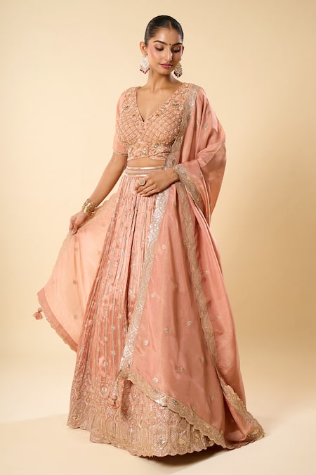 Shop_Samyukta Singhania_Beige Silk, Georgette Embroidery, Sequins, Zari V-neck Hand Lehenga Set _Online_at_Aza_Fashions