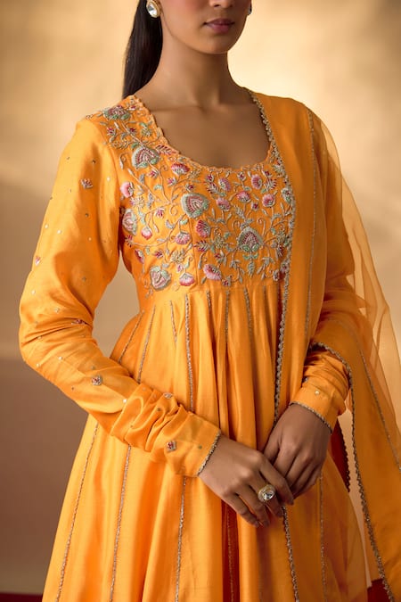 Shop The Aarya Yellow Chanderi, Organza Embroidery, Zari Square Neck Zardozi Anarkali Set Online at Aza Fashions Shop_The Aarya_Yellow Chanderi, Organza Embroidery, Zari Square Neck Zardozi Anarkali Set _Online_at_Aza_Fashions
